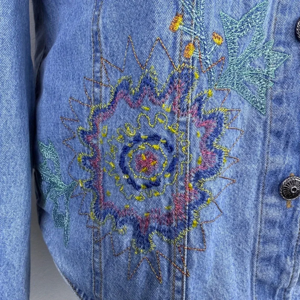 Vintage 90s White Stag Denim Beaded Jacket Embroidered Floral Button Up Large - Picture 6 of 10